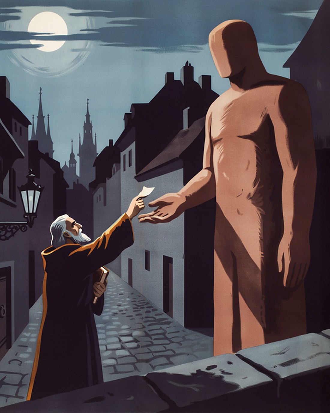 WPA-style illustration of a towering clay figure standing in a moonlit cobbled lane of old Prague as a bearded scholar in a long robe reaches up with a slip of parchment