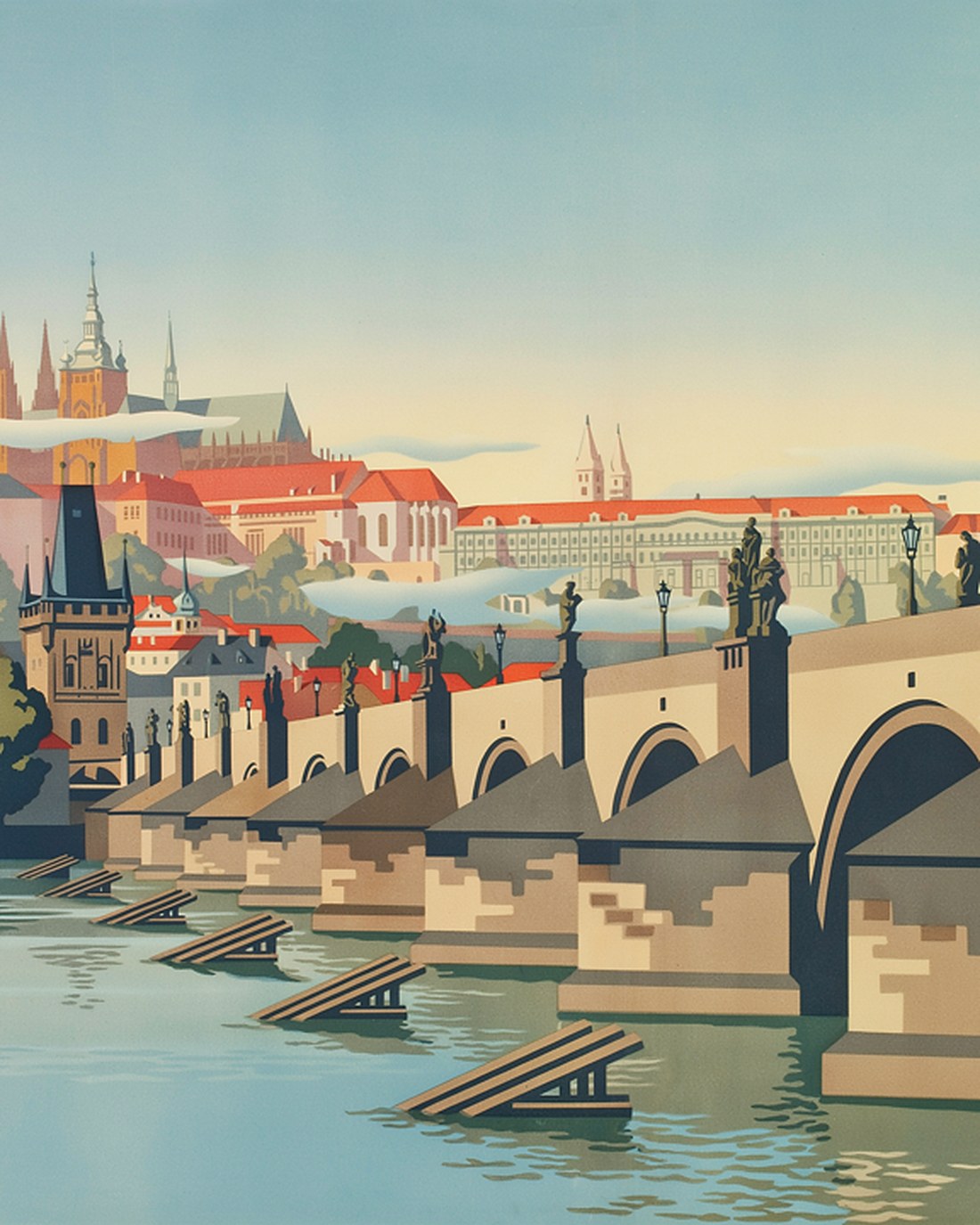 WPA-style illustration of the stone Charles Bridge at dawn lined with weathered statues, Prague Castle and its cathedral rising through morning mist beyond the river