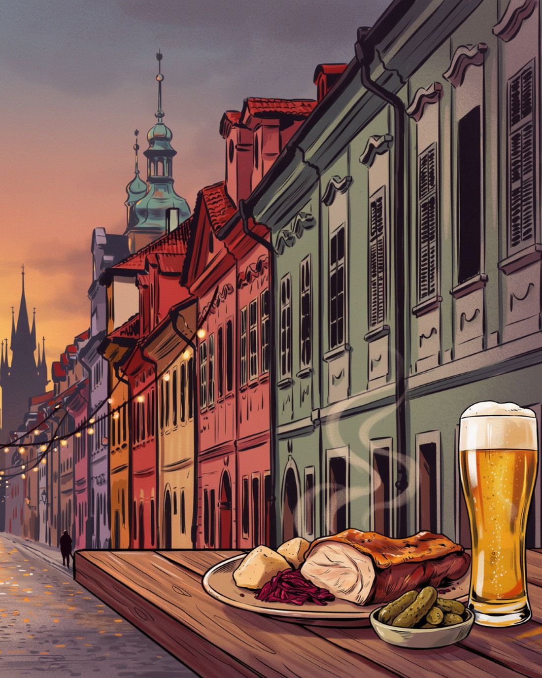 A colorful Prague old-town street at dusk with pastel townhouses and red-tiled roofs, string lights strung across the lane, the twin Gothic spires of the Tyn Church silhouetted against an orange sunset, a lone figure walking away down the cobblestones, and a plate of roast pork with bread dumplings, red cabbage and pickles beside a tall glass of golden Czech beer on a wooden table in the foreground