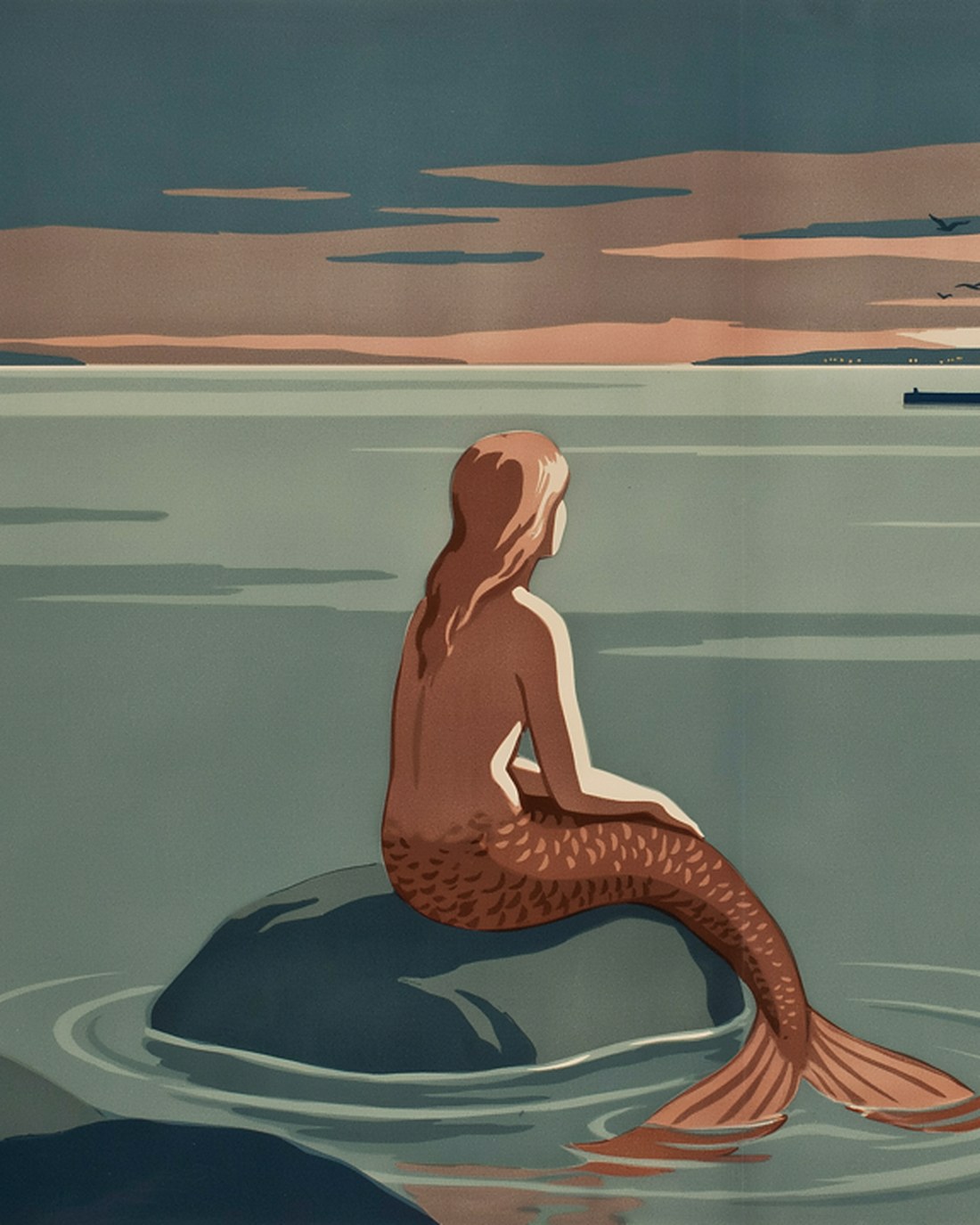 WPA-style illustration of a wistful little mermaid seated on a rock at the edge of a calm northern harbor at dusk, gazing across the water toward the town's spires and lamplight