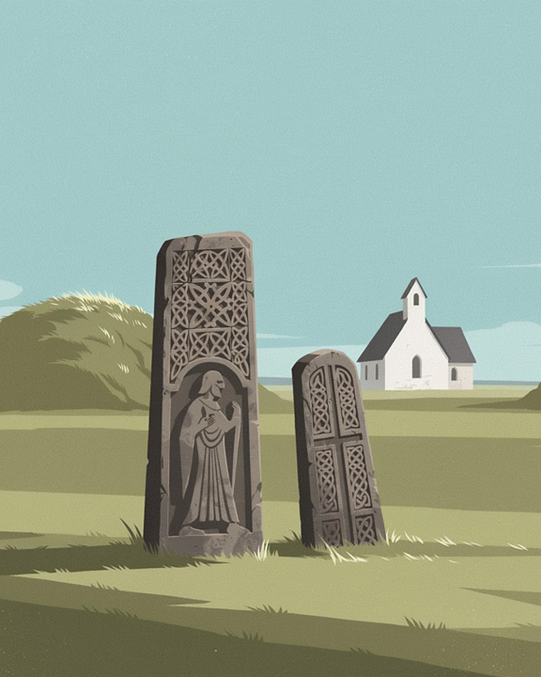 WPA-style illustration of two ancient carved rune stones standing before a small white church and two great grassy burial mounds under a pale clear sky