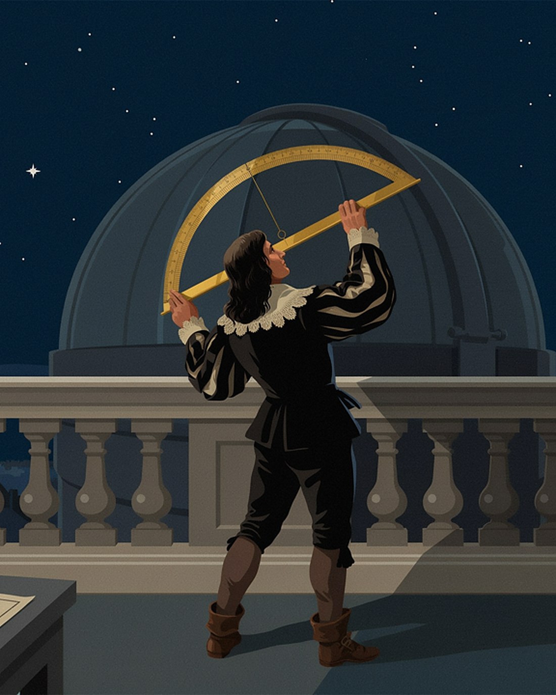 WPA-style illustration of a Renaissance astronomer in a ruffed collar sighting the heavens with a great brass quadrant on the terrace of a domed observatory beneath a sky brilliant with stars