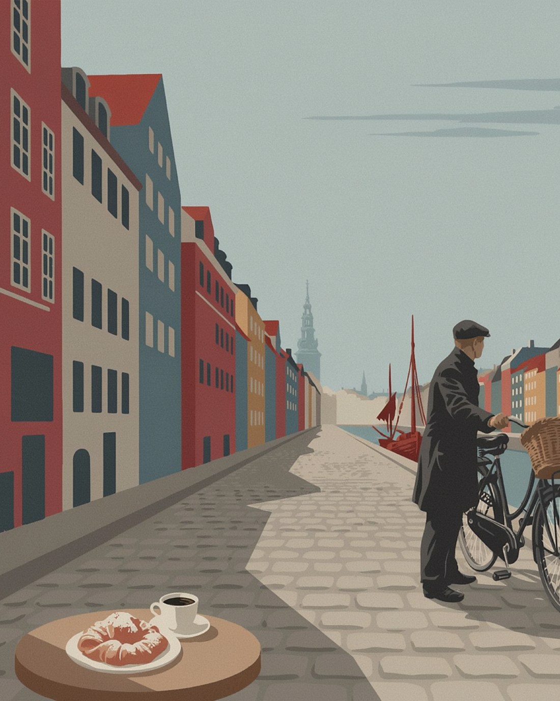 A quiet cobbled quay along Copenhagen's Nyhavn canal under a soft grey sky, a row of tall red, blue and ochre townhouses on the left, a church spire in the misty distance, a red-sailed wooden boat moored on the water, a lone man in a flat cap standing with a bicycle and wicker basket on the right, and a cup of coffee with a Danish pastry on a small round cafe table in the foreground