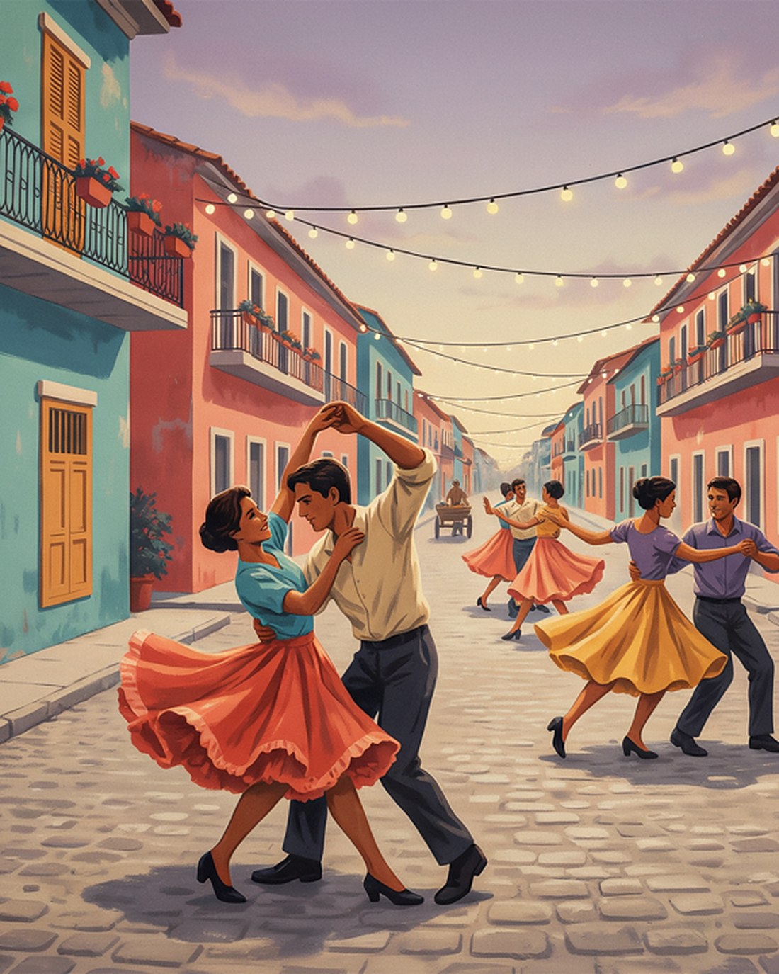 WPA-style illustration of couples dancing merengue in a colorful colonial street at dusk, one woman in a swirling red skirt, a small band with accordion and drum, string lights overhead