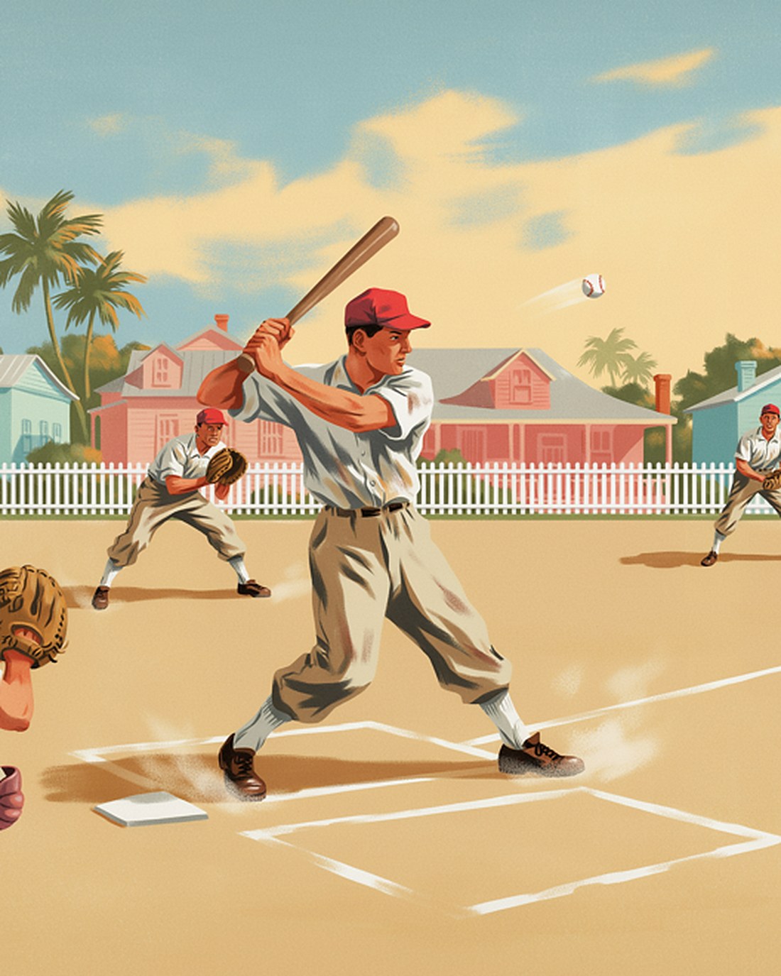 WPA-style illustration of a boy mid-swing at home plate in a dusty sandlot baseball game at golden hour, a catcher crouched behind, pastel wooden houses and palms beyond a picket fence