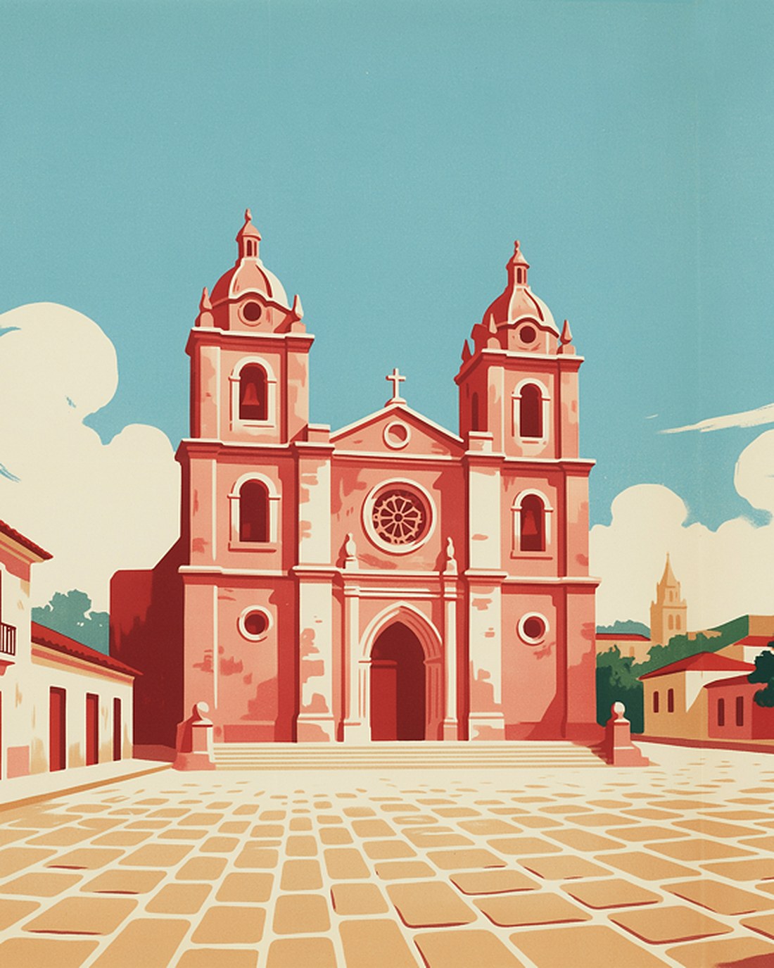 WPA-style illustration of the coral-stone twin-towered colonial cathedral of old Santo Domingo rising over a cobbled plaza, colonial houses and tropical trees around, big cloudy sky