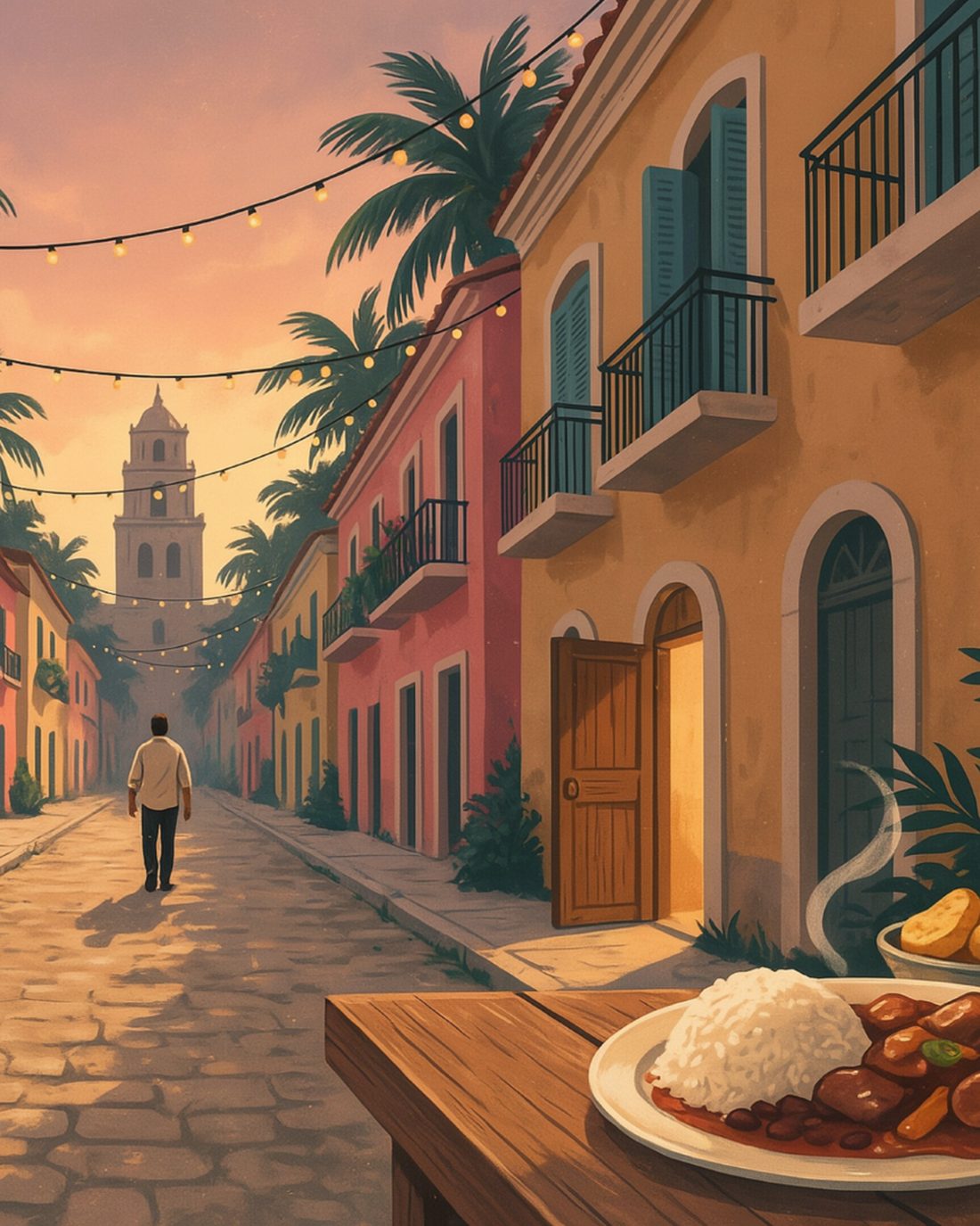 A colonial street in the Dominican Republic at dusk with a bell tower framed at the end, brightly painted houses with shutters, balconies and bougainvillea lining both sides, palm trees and string lights overhead, a lone figure walking up the cobblestone street, a cat sitting nearby, and a plate of rice with stewed meat and beans beside fried plantains and an iced drink on a wooden table in the foreground