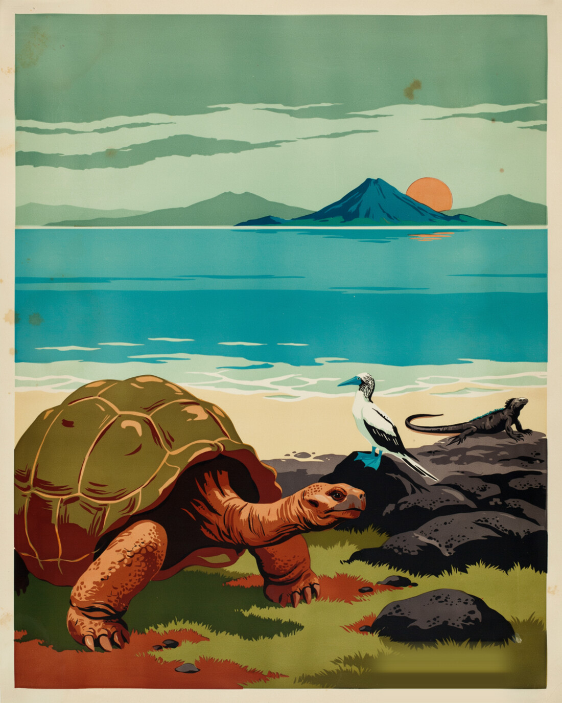 WPA-style vintage travel poster of the Galapagos Islands, a giant tortoise in the misty highlands, a blue-footed booby on volcanic rock, a marine iguana and a calm ocean with a volcanic island behind