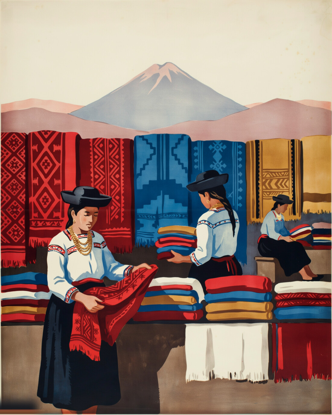 WPA-style vintage travel poster of the Otavalo market, indigenous Kichwa women in white blouses, dark skirts and felt hats selling stacks of colorful woven textiles, with a symmetrical volcano behind