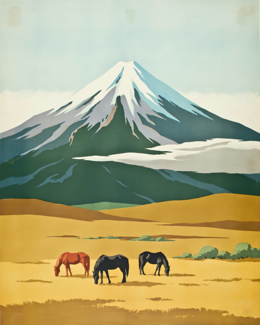 WPA-style vintage travel poster of the snow-capped Cotopaxi volcano rising over golden Andean paramo grassland with wild horses grazing in the foreground