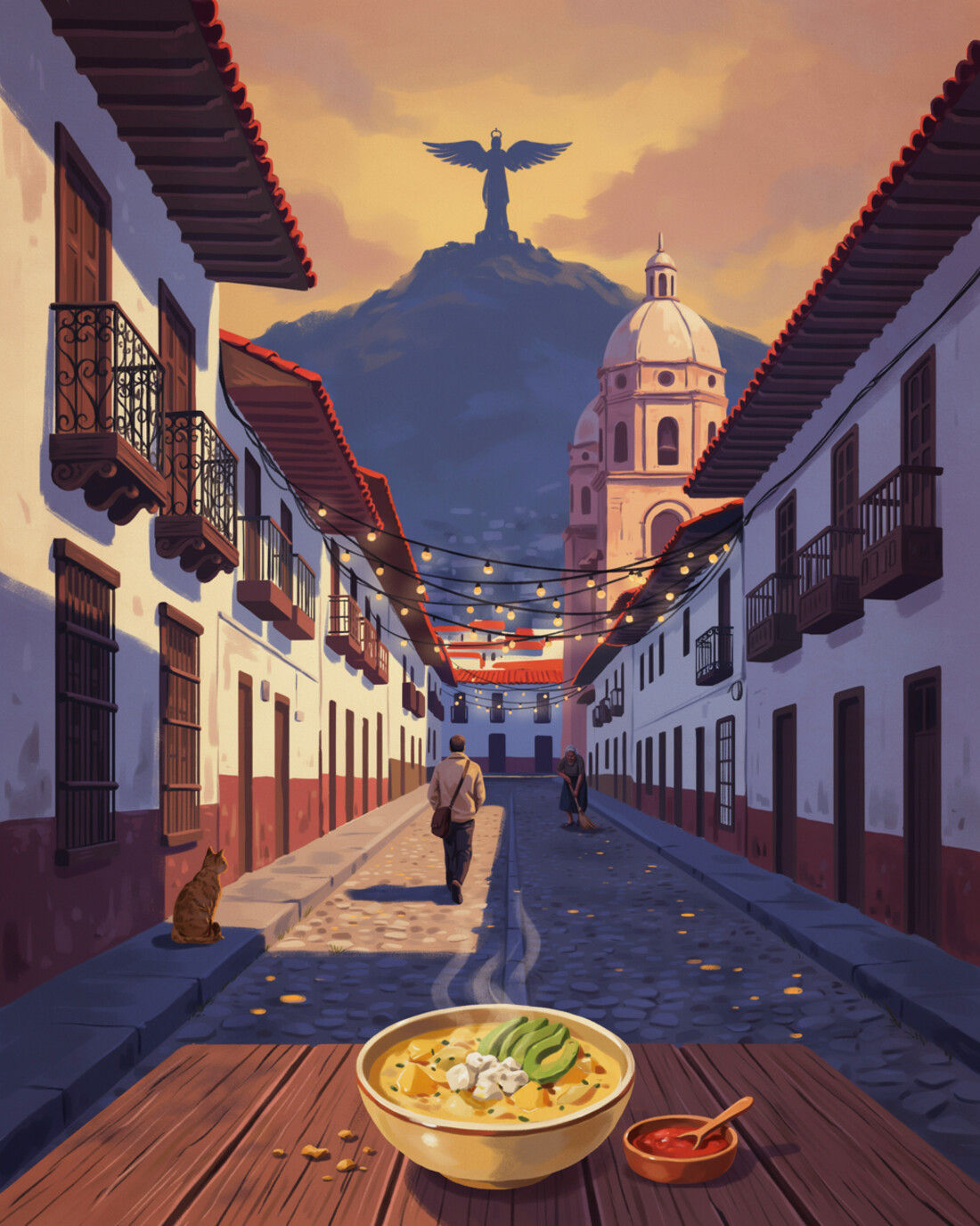 A quiet cobblestone street in the colonial old town of Quito at dusk, with whitewashed Spanish-colonial buildings, carved wooden balconies and red tile roofs, a baroque church dome glowing and the winged Virgin of Quito on the Panecillo hill in silhouette, string lights across the lane, a lone figure walking away, and a steaming bowl of locro de papa with avocado and cheese and a small dish of aji on a wooden table in the foreground