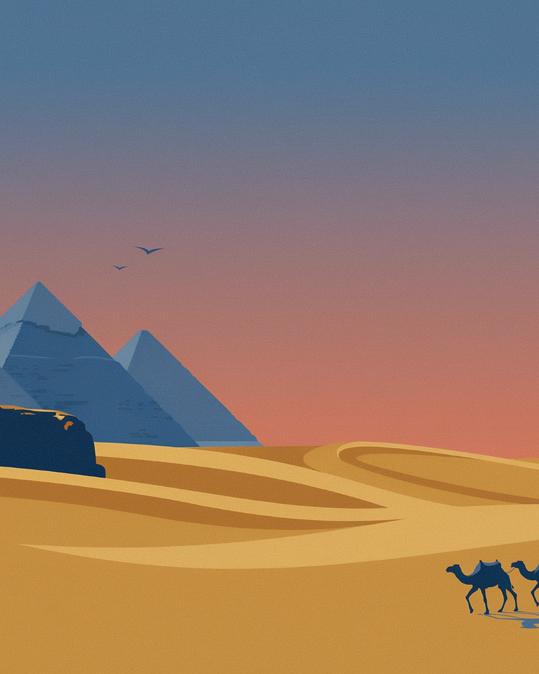 WPA-style illustration of the Great Sphinx and the pyramids of Giza at golden hour with a small camel caravan crossing the sand