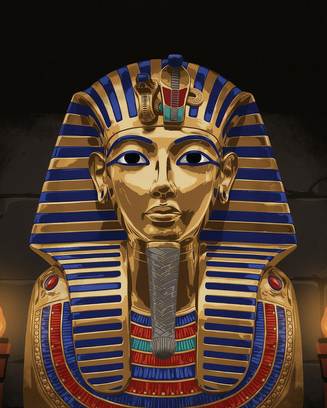 WPA-style illustration of the golden funerary mask of the boy pharaoh Tutankhamun glowing in warm torchlight