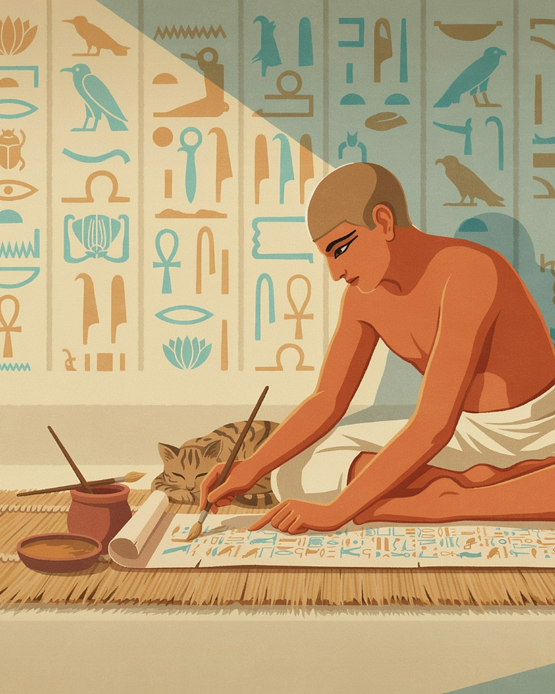 WPA-style illustration of an ancient Egyptian scribe writing hieroglyphs on papyrus before a carved and painted wall