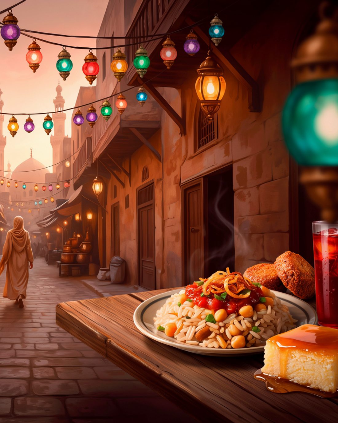 A narrow old bazaar lane in Islamic Cairo at dusk with warm sandstone buildings and carved wooden screens, strings of glowing colored-glass lanterns overhead, a street cat on the worn stones, the silhouette of a mosque's dome and minarets at the end of the lane against a soft sky, a figure in flowing dress walking away, and a plate of koshari with golden falafel and a piece of honey-soaked basbousa beside a tall glass of deep red hibiscus iced tea on a wooden table in the foreground