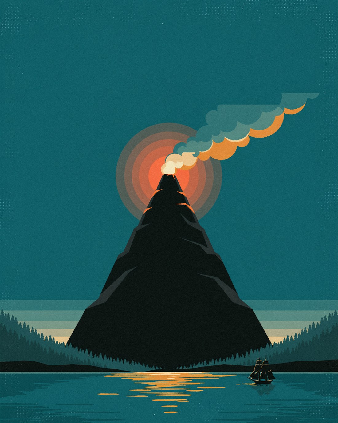 WPA-style illustration of a dark symmetrical volcanic cone glowing red at its summit against a deep teal night sky, a plume of smoke drifting sideways, and a small two-masted sailing ship silhouetted on the calm water below in the volcano's reflected light