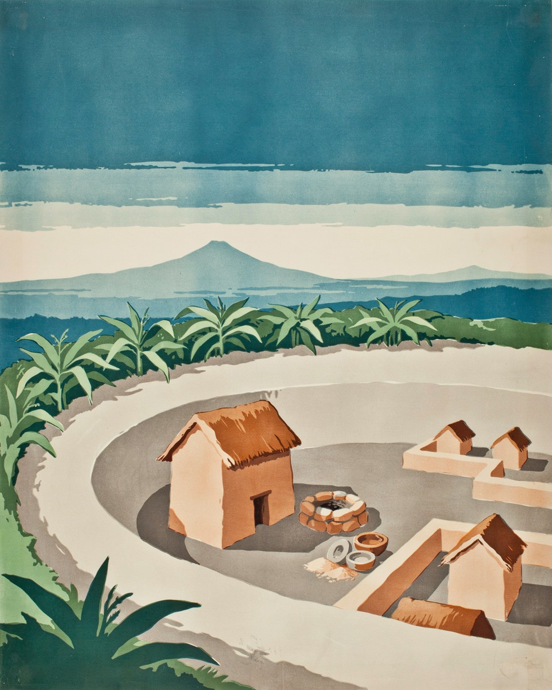 WPA-style illustration of an excavated ancient Maya farming village sunk into pale volcanic ash, an adobe house with a thatched roof beside a round clay hearth and abandoned ceramic bowls, maize plants growing along the rim above and a hazy volcano on the far horizon