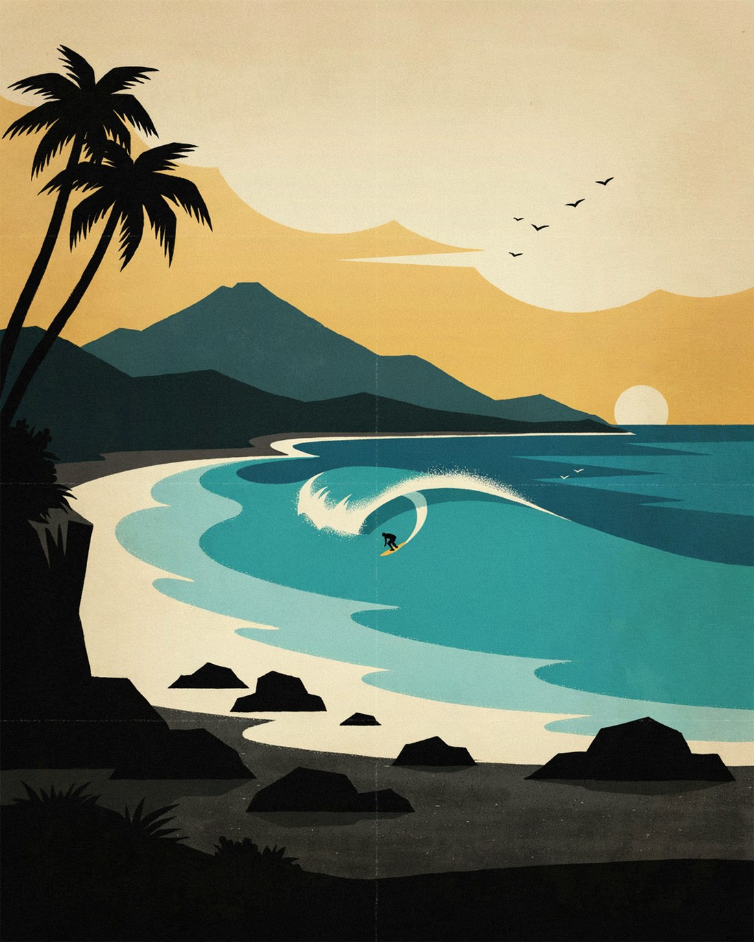 WPA-style illustration of a long clean wave peeling along a Salvadoran point break with a lone surfer riding the face, black volcanic rocks and dark sand in the foreground, palm trees leaning over the headland and volcanic ridges inland under a low golden sun