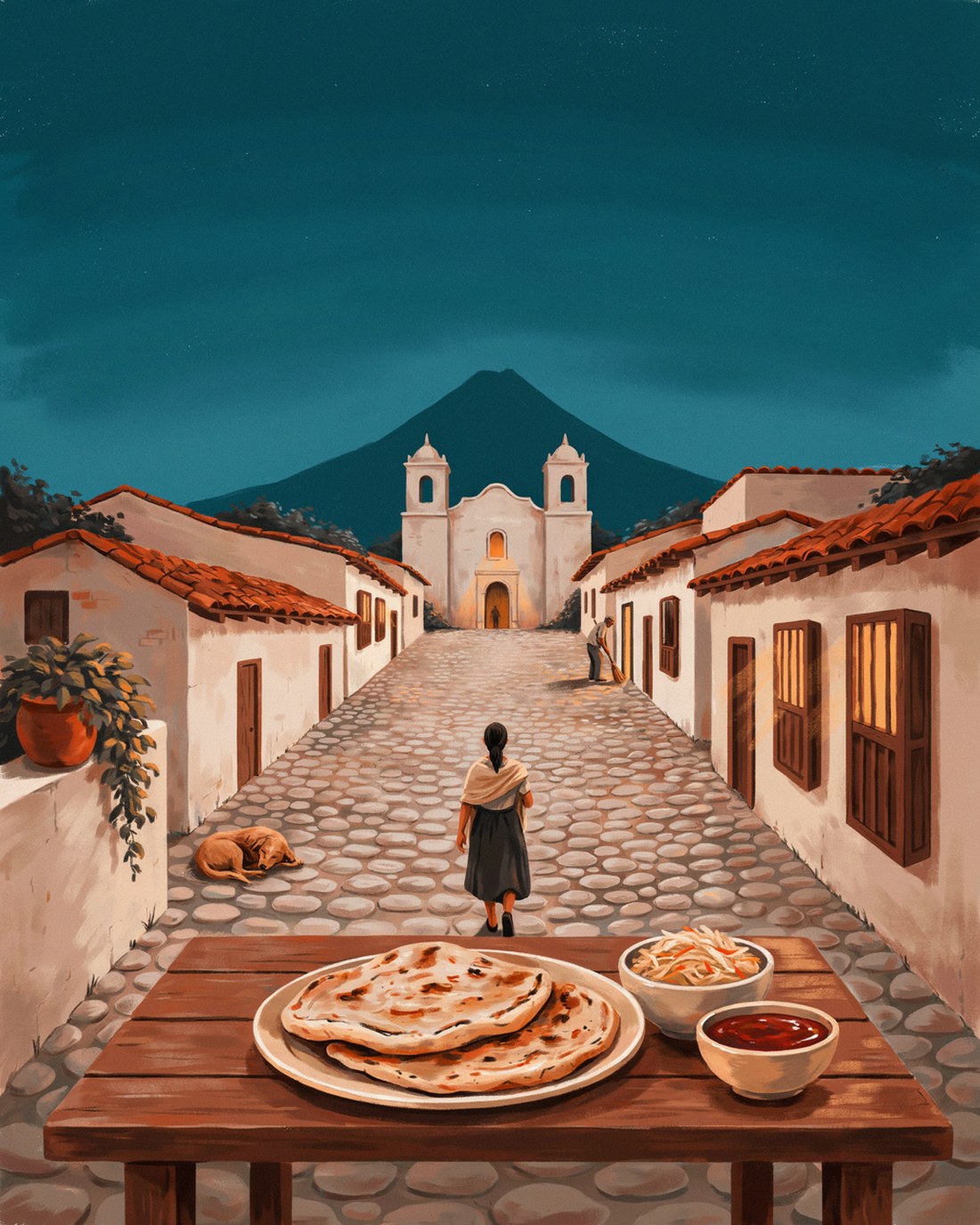 A quiet cobbled street in a Salvadoran colonial hill town at dusk, whitewashed houses with terracotta tile roofs and warm lit windows lining both sides, a small white church with twin bell towers at the end of the street and the dark cone of a volcano rising behind it against a deep teal sky, a woman in a pale shawl walking away up the cobbles with a dog asleep at the roadside, and a plate of handmade pupusas beside bowls of shredded cabbage curtido and red salsa on a wooden table in the foreground