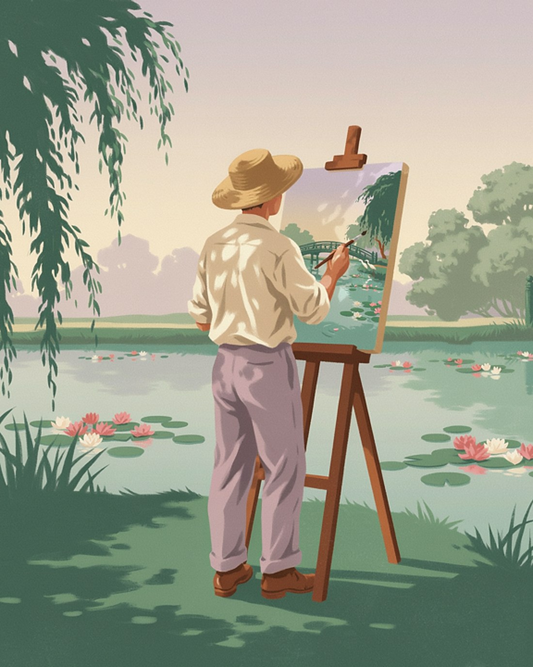 WPA-style illustration of a painter seen from behind at an easel beside a still water-lily pond, a green Japanese footbridge and weeping willows in soft light