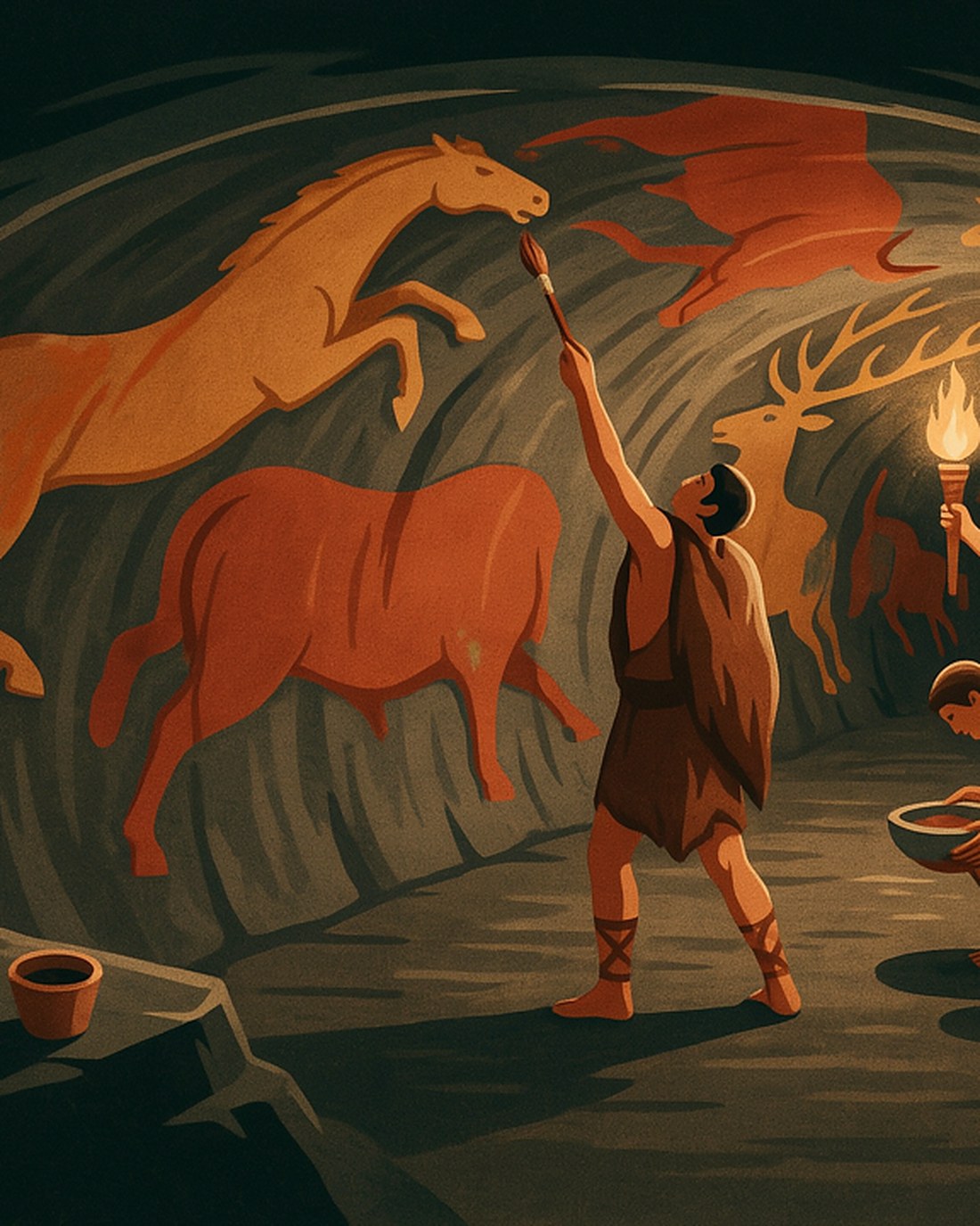 WPA-style illustration of prehistoric artists by torchlight painting a great ochre horse and a red bull on a curving cave wall deep underground