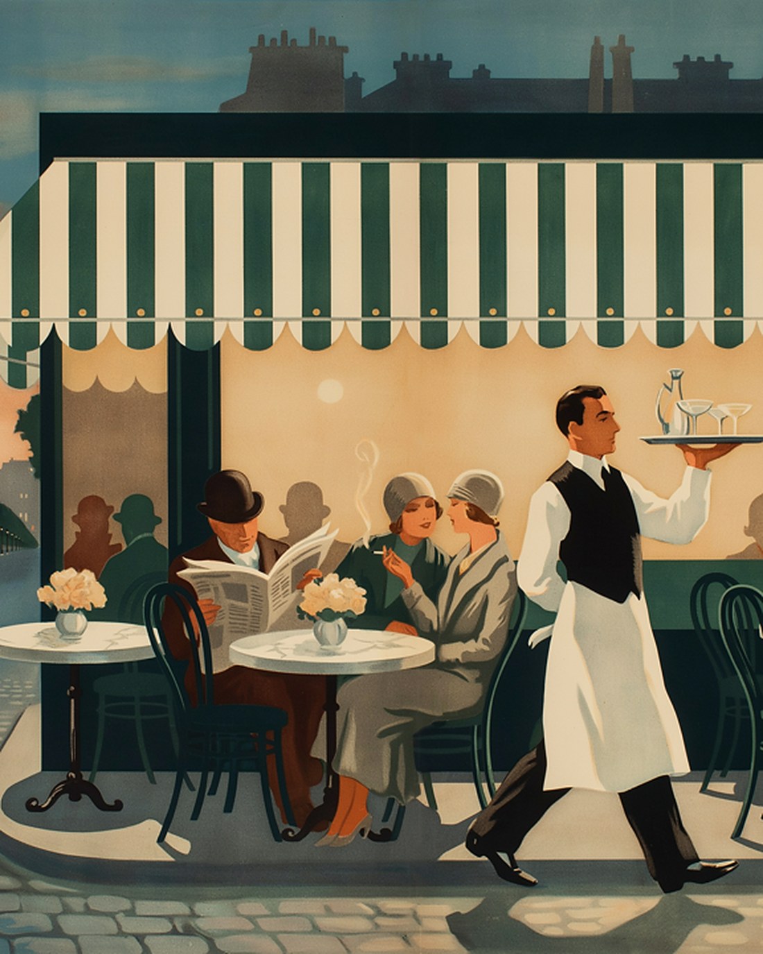 WPA-style illustration of a grand Belle Epoque Paris cafe at dusk, patrons at little marble tables under a striped awning and a waiter carrying a tray