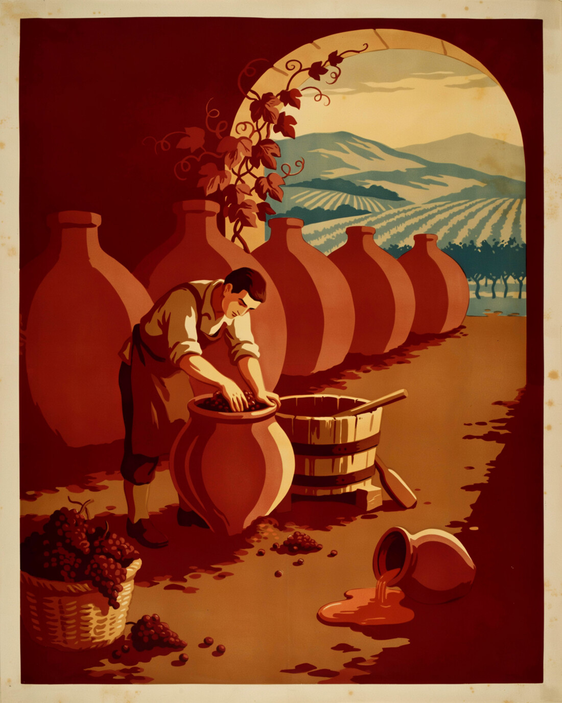 WPA-style vintage travel poster of Georgian qvevri winemaking, a winemaker tending large egg-shaped clay vessels buried in the earthen floor of a cellar, with grapevines and a vineyard through an arch behind