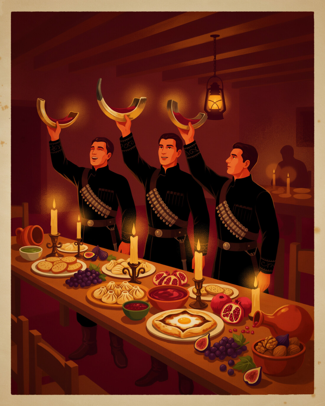 WPA-style vintage travel poster of a Georgian supra feast, men in traditional black chokha coats raising curved drinking horns of wine in a toast at a candlelit table laden with food
