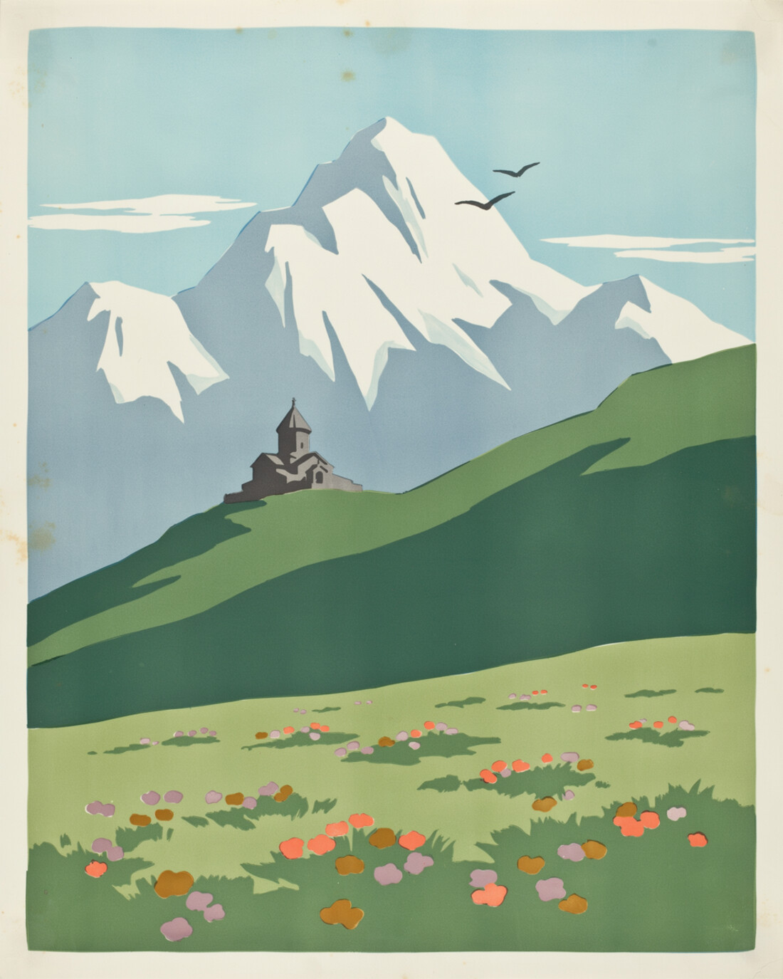 WPA-style vintage travel poster of the Gergeti Trinity Church on a green ridge beneath the snow-capped peak of Mount Kazbek in the Georgian Caucasus, with a wildflower meadow in the foreground