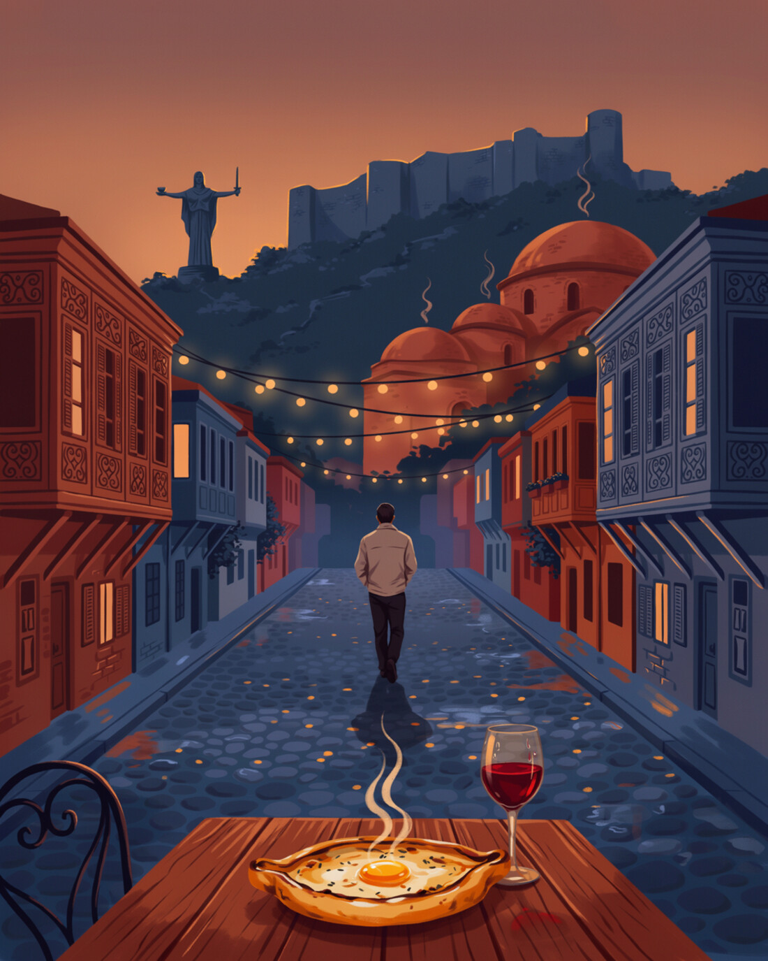A quiet cobblestone lane in the old town of Tbilisi at dusk, with traditional houses and carved wooden balconies, the brick domes of the sulfur bathhouses, and the Narikala Fortress and the Mother of Georgia statue on the ridge in silhouette, string lights across the lane, a lone figure walking away, and a steaming boat-shaped Adjaruli khachapuri with a golden egg and a glass of red Georgian wine on a wooden table in the foreground
