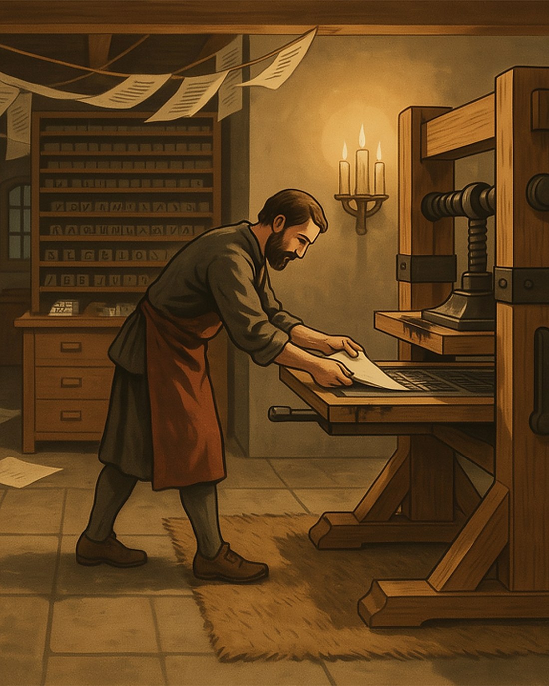 WPA-style illustration of a printer in a 15th-century workshop pulling a freshly printed sheet from a heavy wooden screw press, racks of metal type and drying pages around him by candlelight