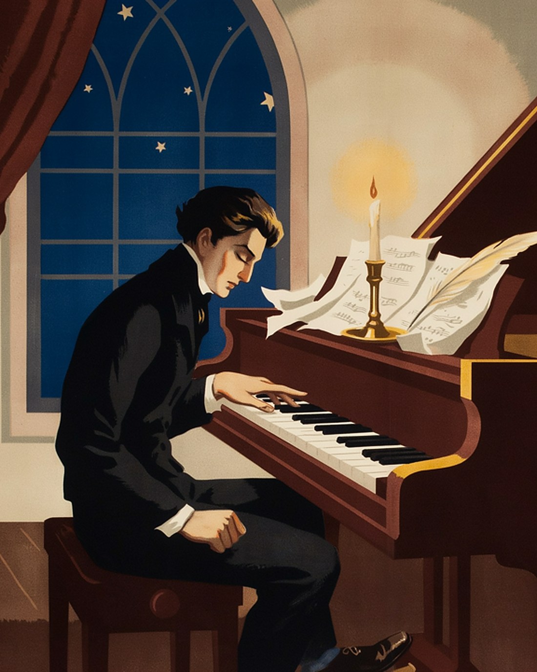WPA-style illustration of a composer with wild dark hair seated at a grand piano deep in thought, scattered manuscript pages and a candle on the lid, a tall arched starry window behind