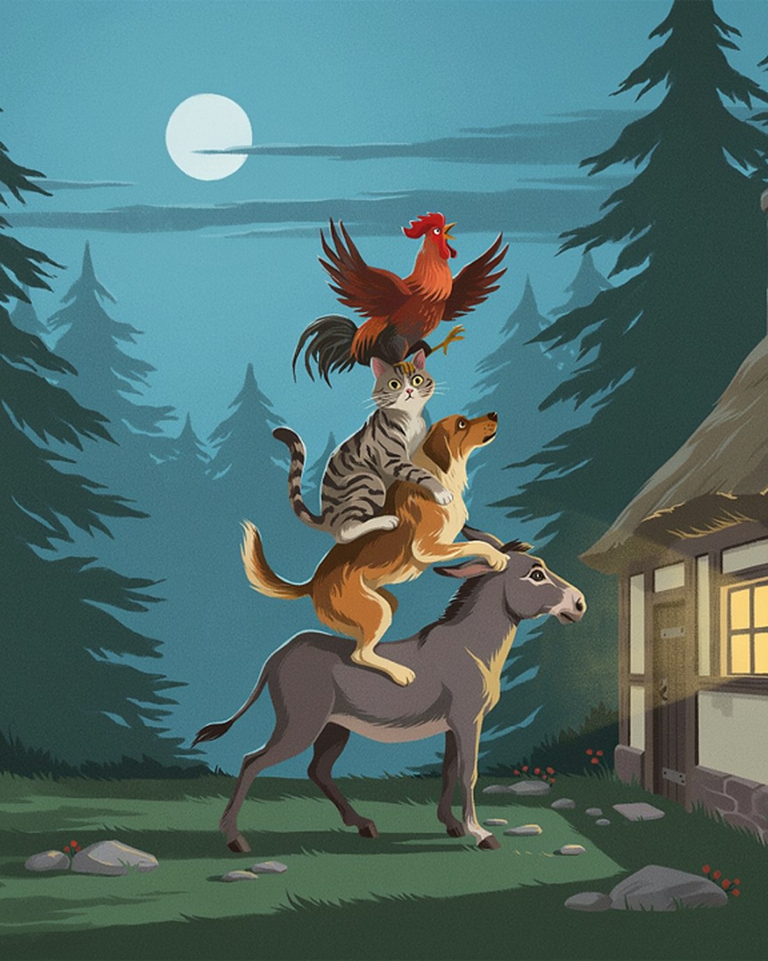 WPA-style illustration of four fairy-tale animals, a donkey, a dog, a cat and a rooster, comically stacked one atop another to peer through the lit window of a cottage in a moonlit forest