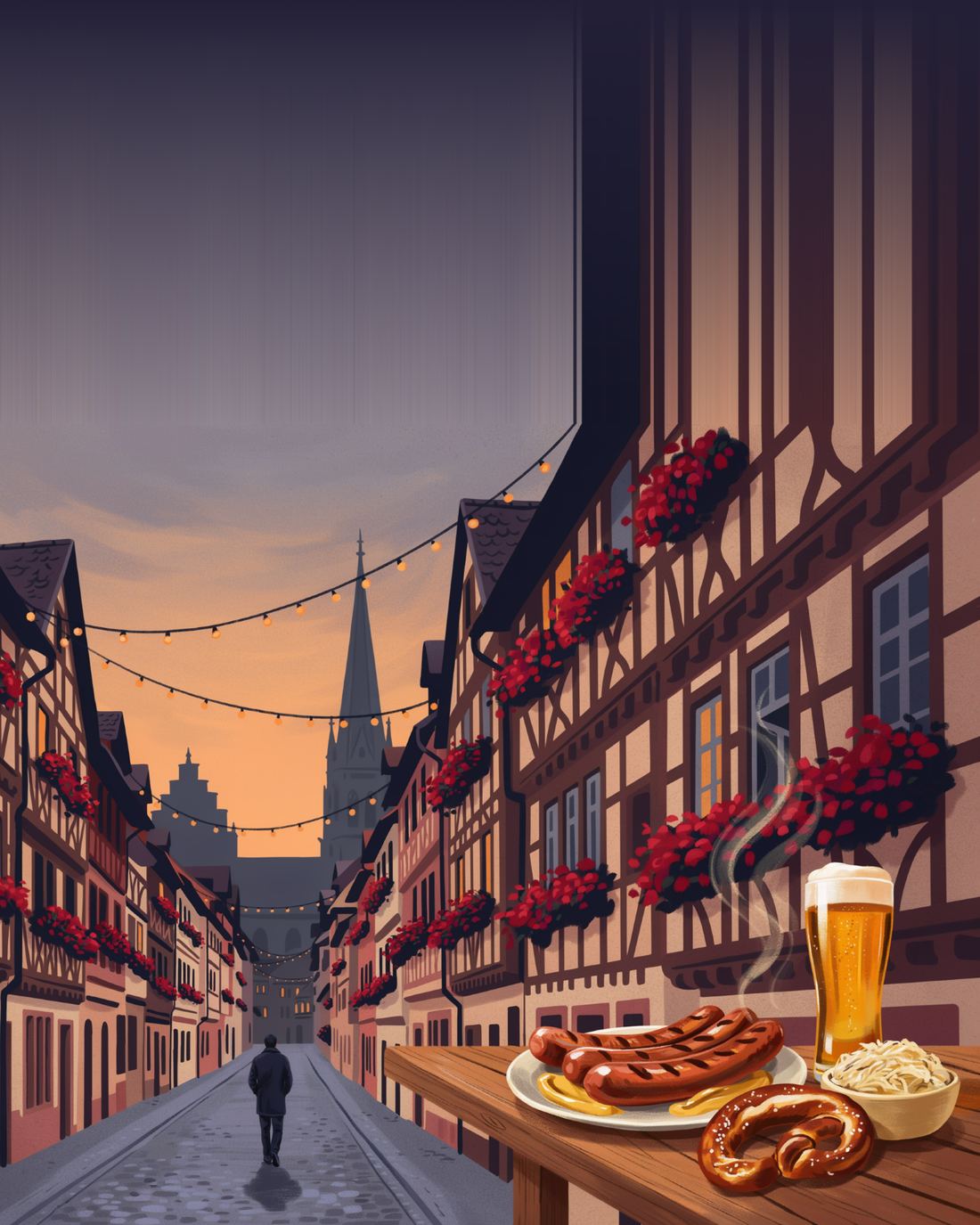 A half-timbered German old-town street at dusk with string lights overhead, flower boxes spilling red geraniums from the windows, a church spire silhouetted at the end of the street, a lone figure in a dark coat walking away, and a plate of grilled bratwurst with mustard, a soft pretzel, a bowl of sauerkraut and a tall glass of golden beer on a wooden table in the foreground
