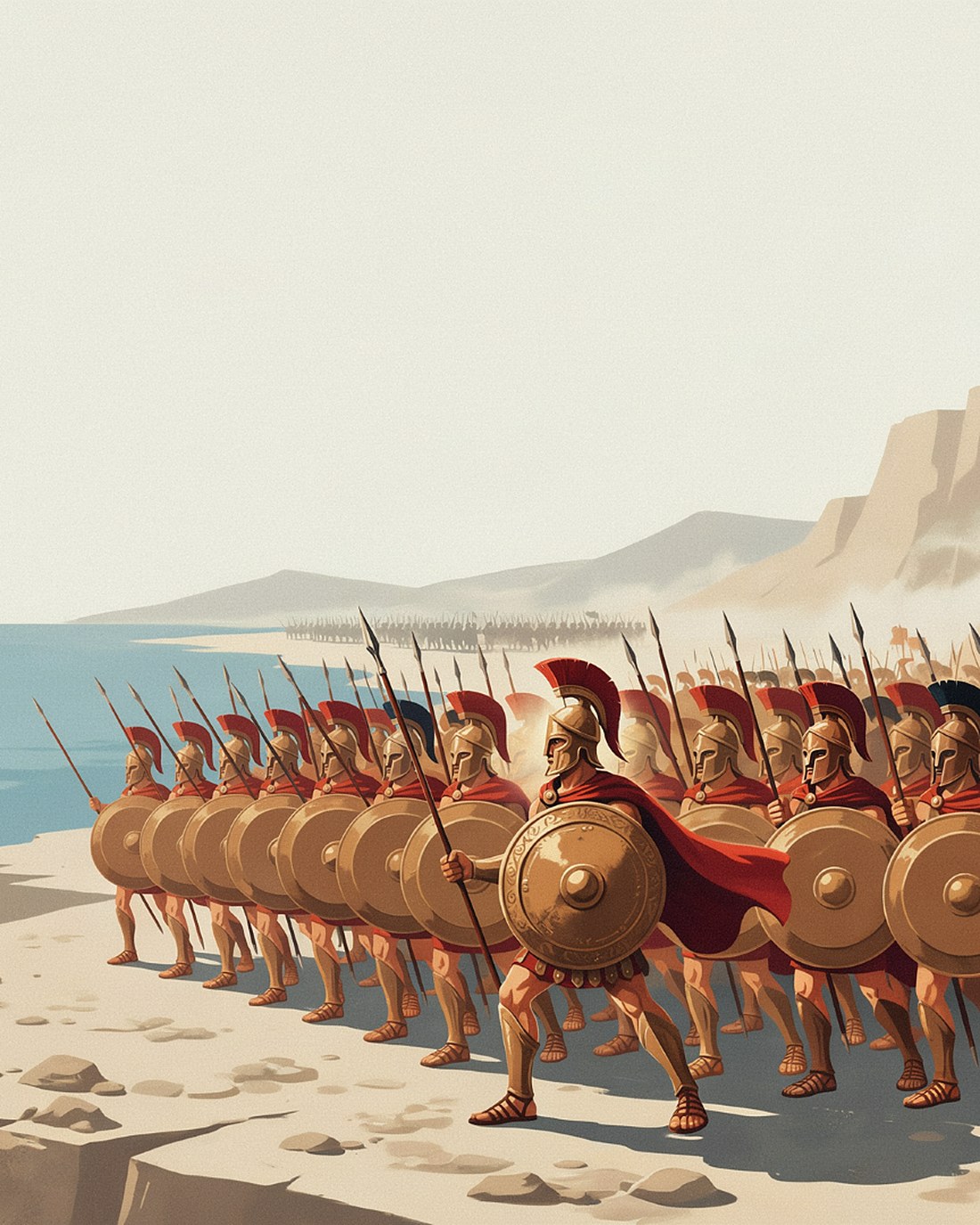 WPA-style illustration of King Leonidas and the Spartan phalanx braced behind bronze shields at the narrow pass of Thermopylae, sea on one side and cliffs on the other
