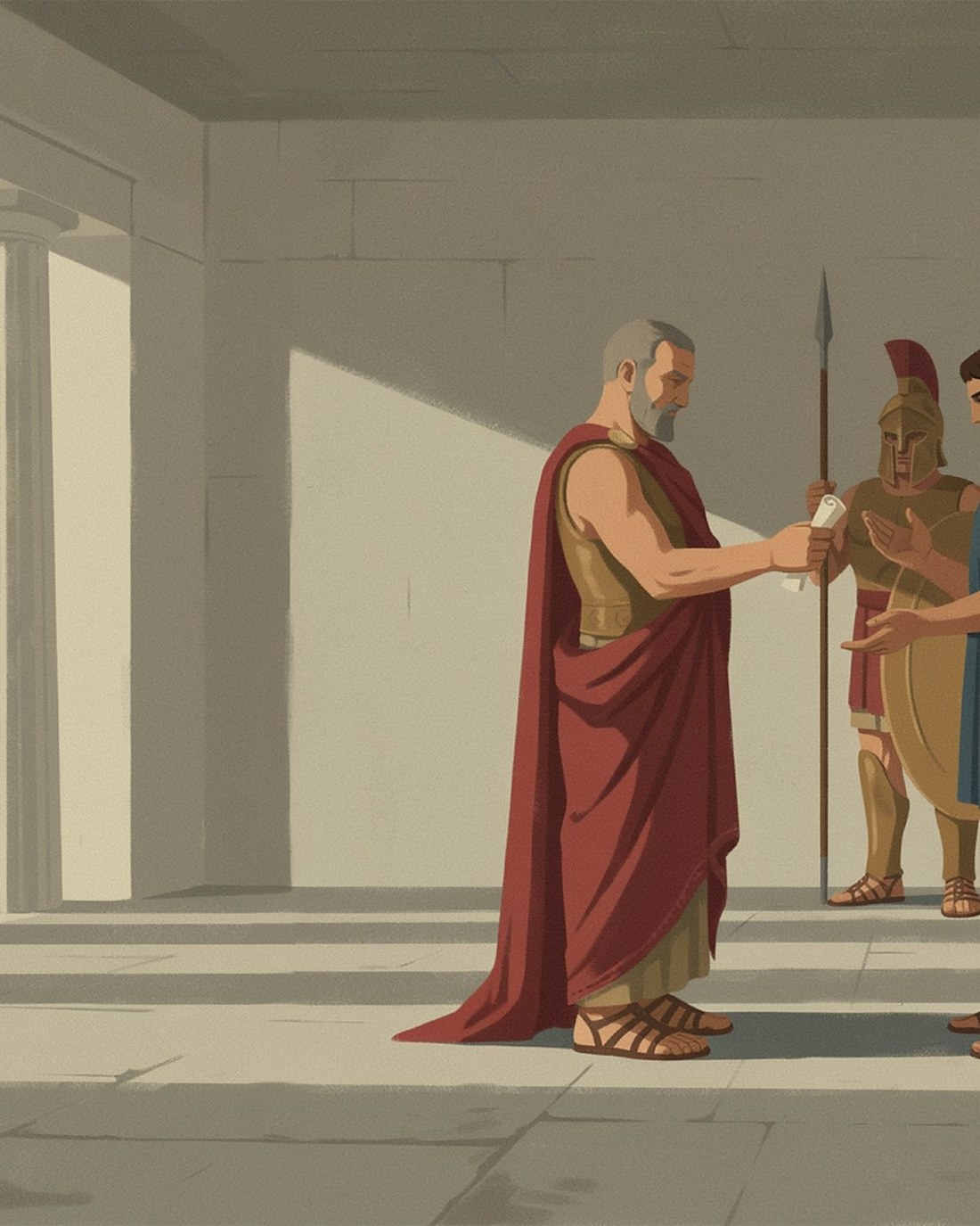 WPA-style illustration of a Spartan elder in a crimson cloak calmly handing back a scroll to a Macedonian envoy inside a stark colonnaded hall, helmeted warriors behind