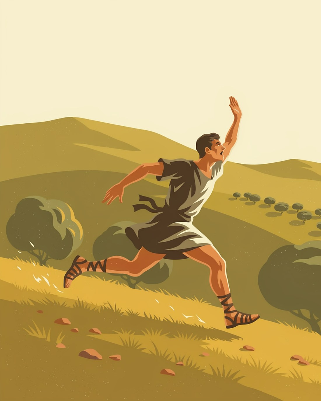 WPA-style illustration of the ancient messenger Pheidippides running across sunlit Attic hills toward Athens, one arm raised in triumph