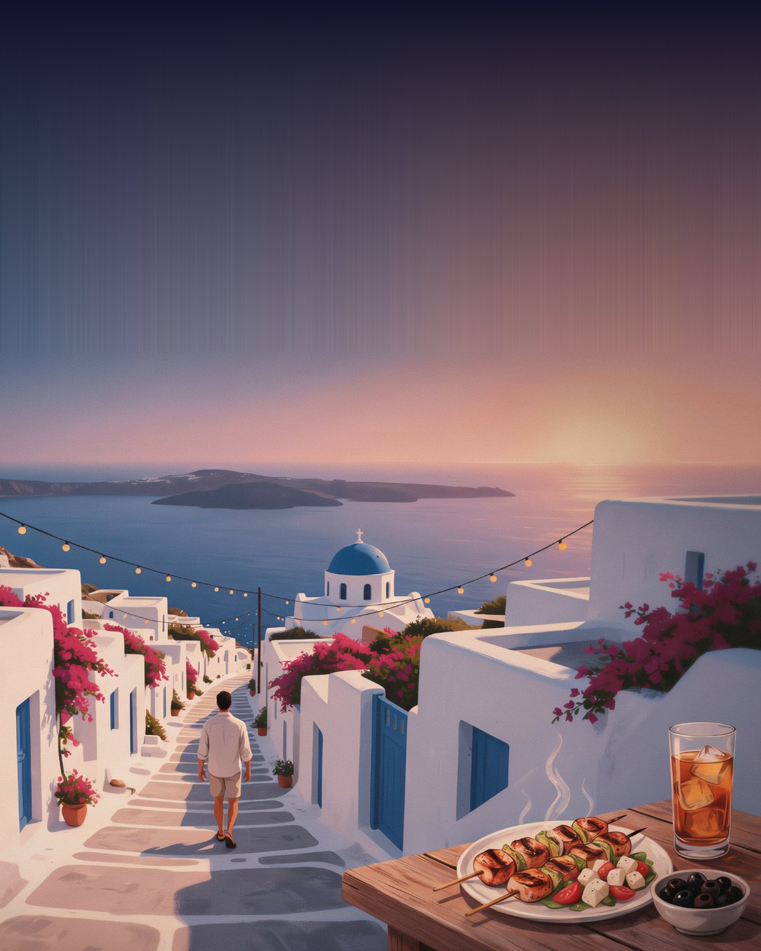 A whitewashed Cycladic lane at dusk with string lights overhead, blue-shuttered houses and bougainvillea, a blue-domed church and the Aegean Sea below, a lone figure walking away down the steps, and a plate of grilled skewers with a bowl of olives and a glass of something amber over ice on a wooden table in the foreground