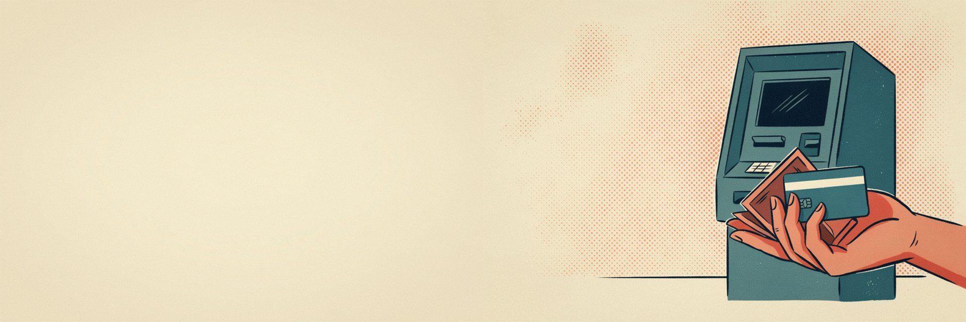 Illustration of a hand holding cash and a payment card beside an ATM, for a guide to paying by cash or card by country