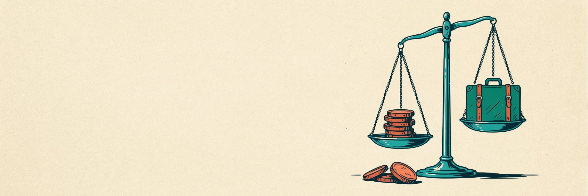 Illustration of a balance scale weighing a stack of coins against a small suitcase, for a guide comparing the daily cost of travel by country