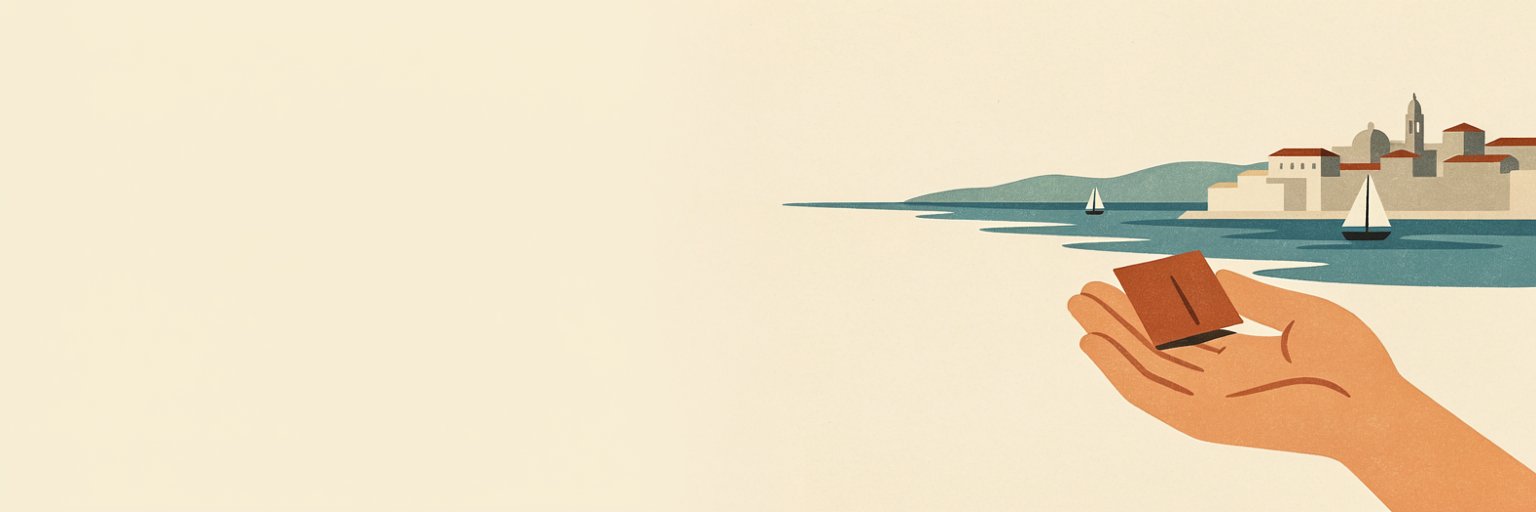 Illustration of a hand holding a travel card toward a coastal town across calm water