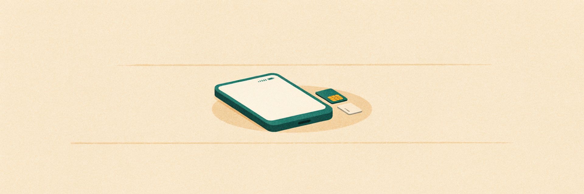 Illustration of a phone showing signal bars and a SIM card with its punch-out tray on a table, for a guide to staying connected abroad