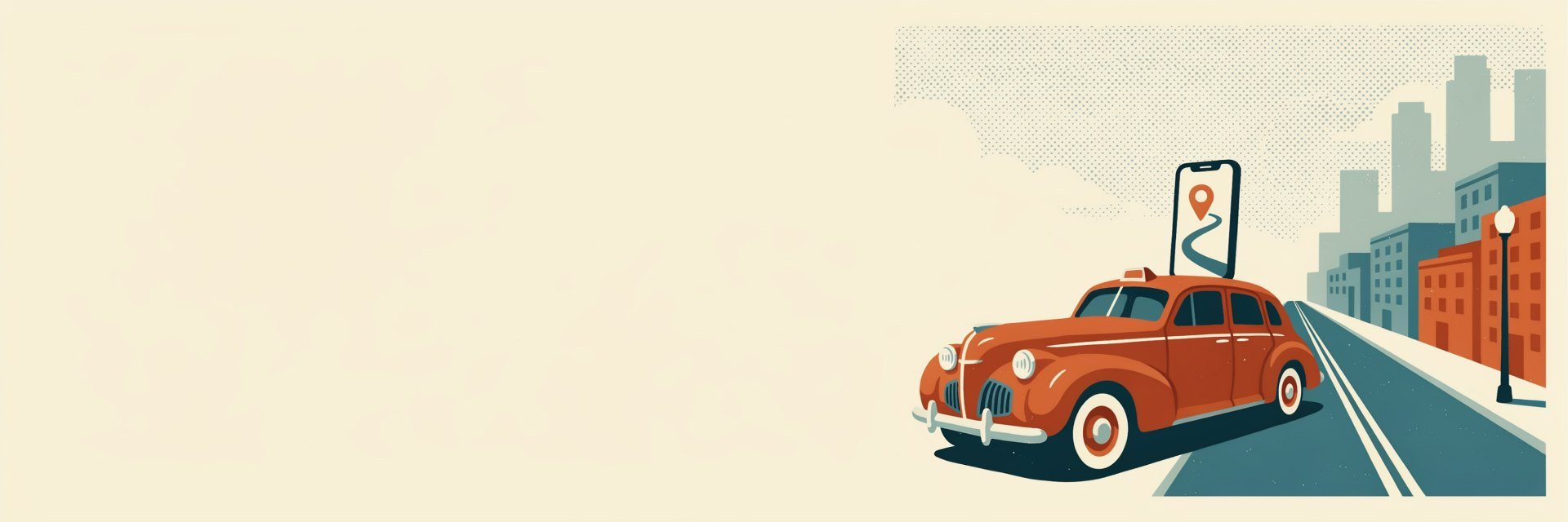Illustration of a vintage taxi on a city street with a phone showing a map pin, for a guide to taxis and ride-hailing by country