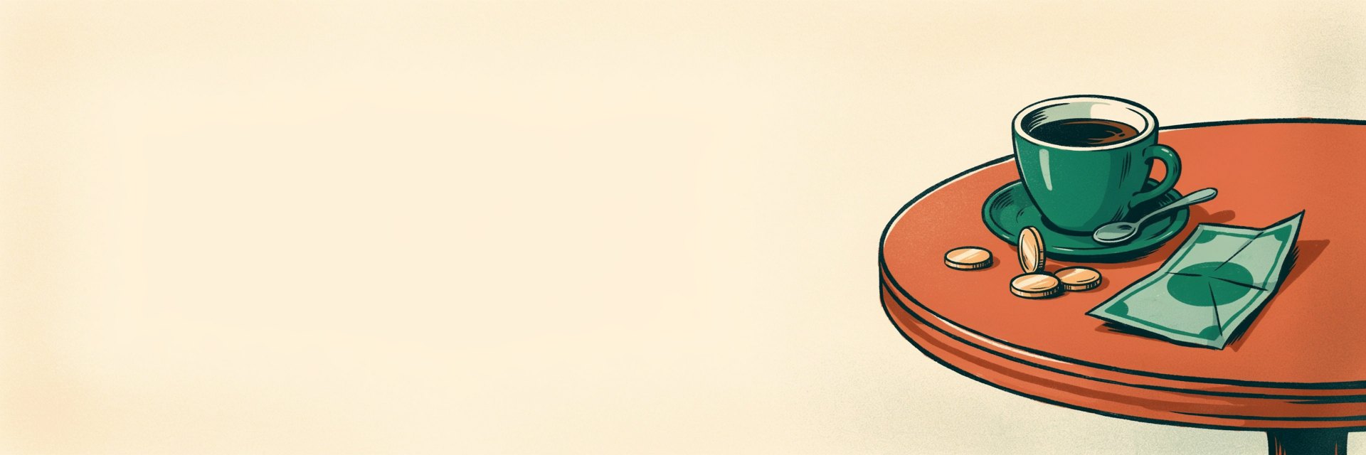 Illustration of coins and a folded banknote left on a small cafe table beside an espresso cup, for a guide to tipping by country