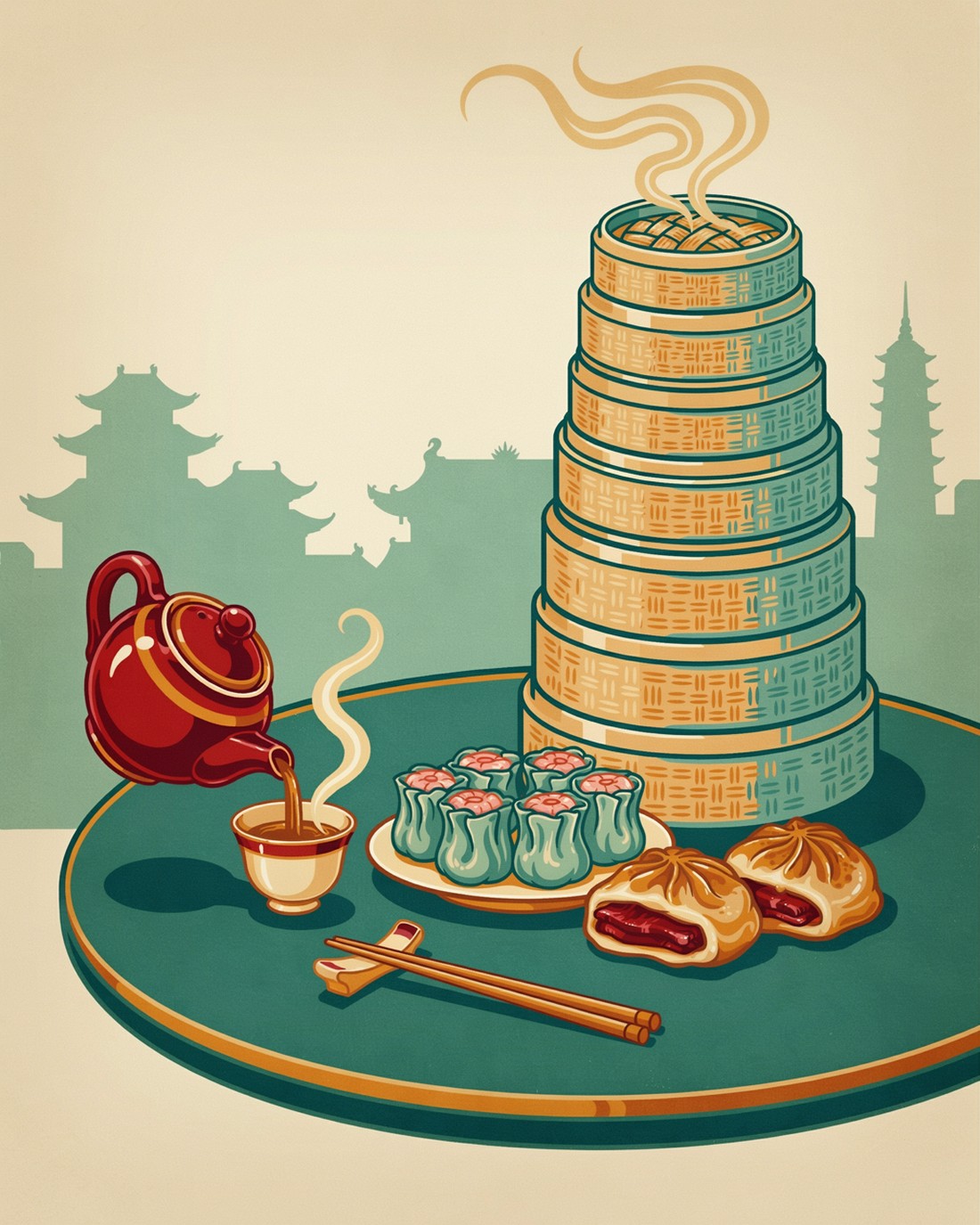 WPA-style illustration of a yum cha scene, a tall tower of bamboo steamers, tea being poured from a red pot into a cup, and a round table with dumplings and glossy char siu bao