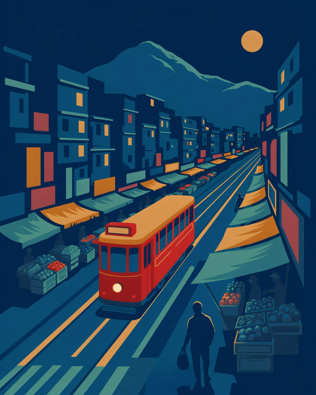 WPA-style illustration of a red double-decker ding-ding tram climbing a steep Hong Kong Island street lined with market stalls, under a night sky