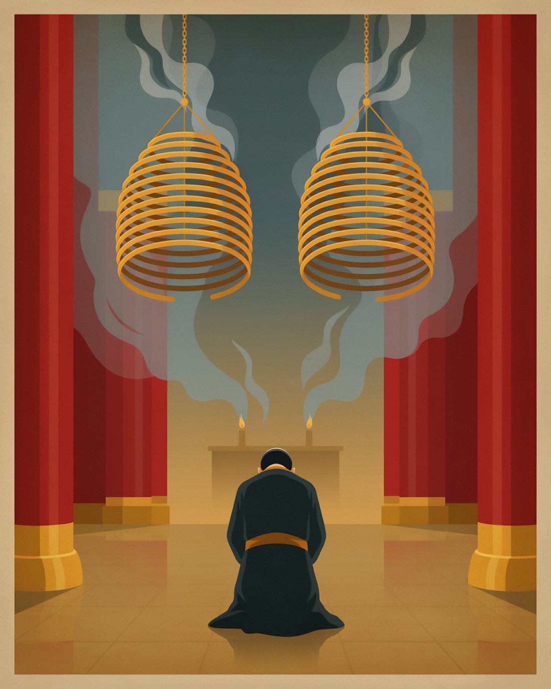 WPA-style illustration of a temple interior with large hanging spiral incense coils, tall red pillars, an altar with two candle flames and smoky air, and a single worshipper kneeling