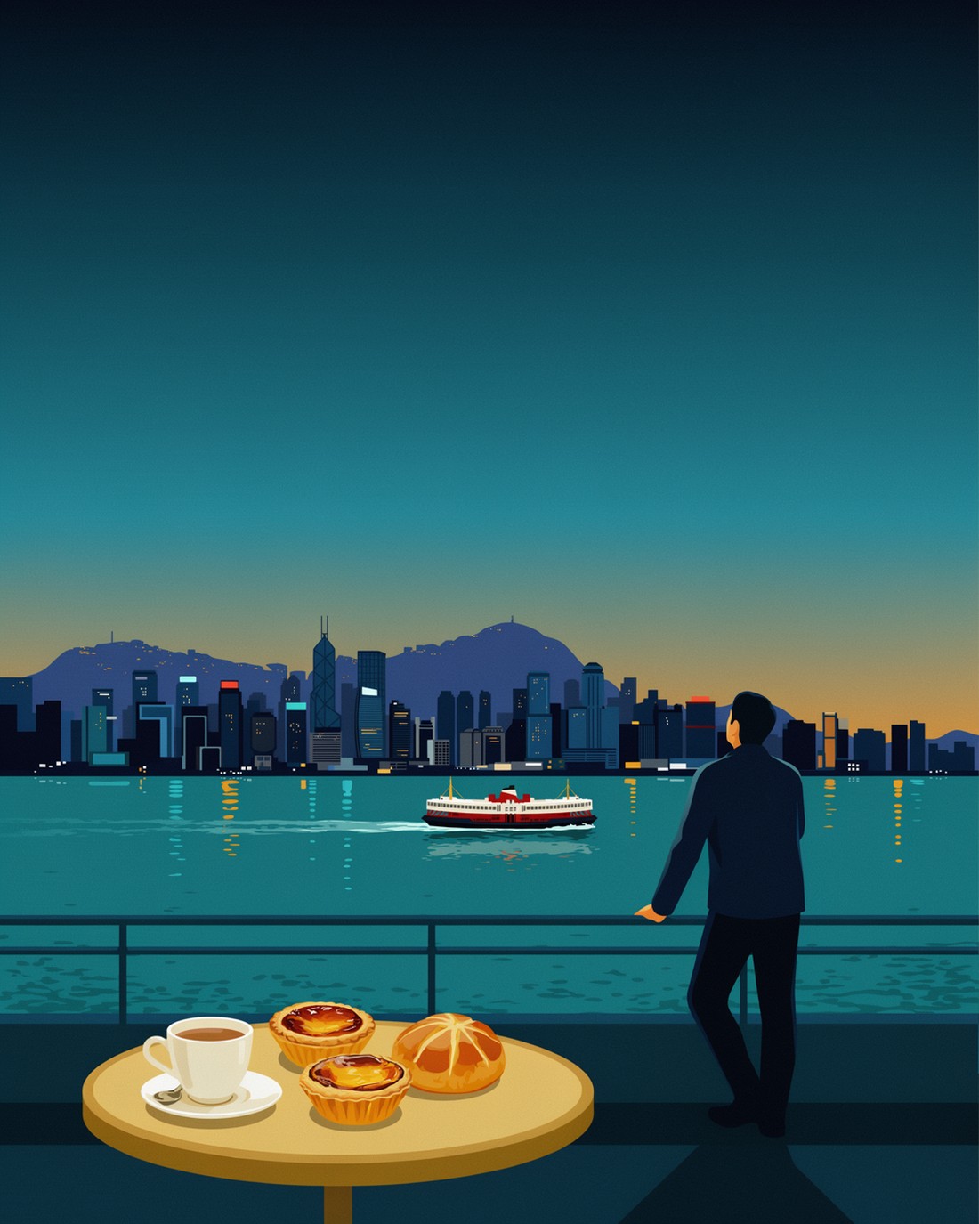 Victoria Harbour at dusk with the lit Hong Kong Island skyline and the Peak behind, a red-and-white Star Ferry crossing the calm water and warm light reflecting on the surface, a lone figure standing at the promenade railing looking across, and in the foreground a round table with a cup of milk tea, two egg tarts and a pineapple bun