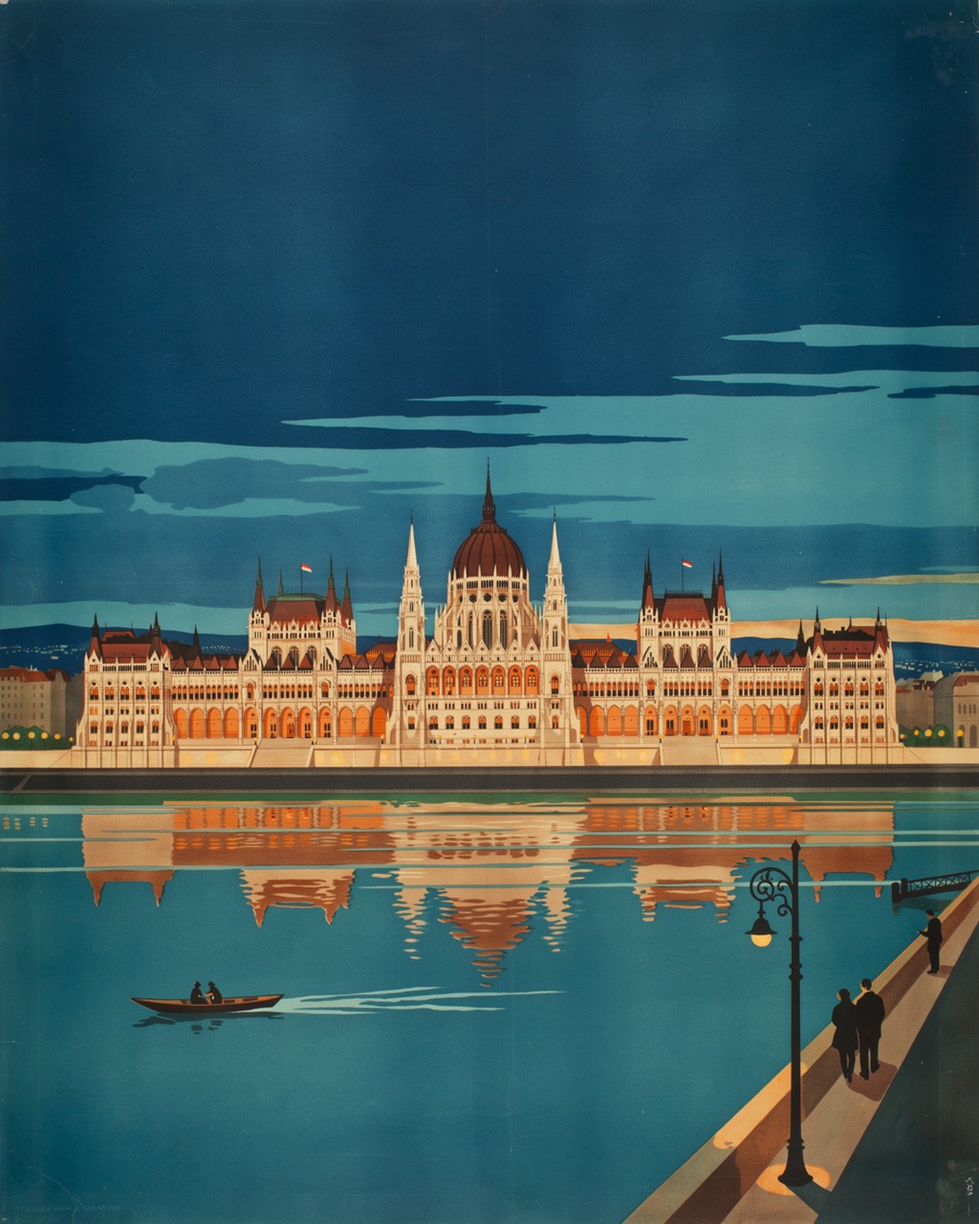WPA-style illustration of the Hungarian Parliament on the bank of the Danube at dusk, its long neo-Gothic facade, spires and great central dome lit warm gold against a deep blue sky, the calm river catching the reflection with a small boat crossing