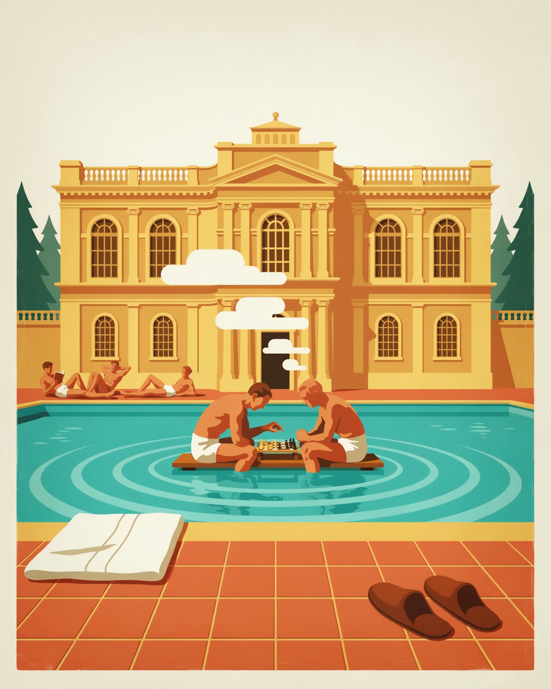 WPA-style illustration of bathers relaxing in a steaming turquoise outdoor thermal pool before a grand butter-yellow neo-baroque bath house, two older men playing chess on a floating board, soft steam rising into the cool air